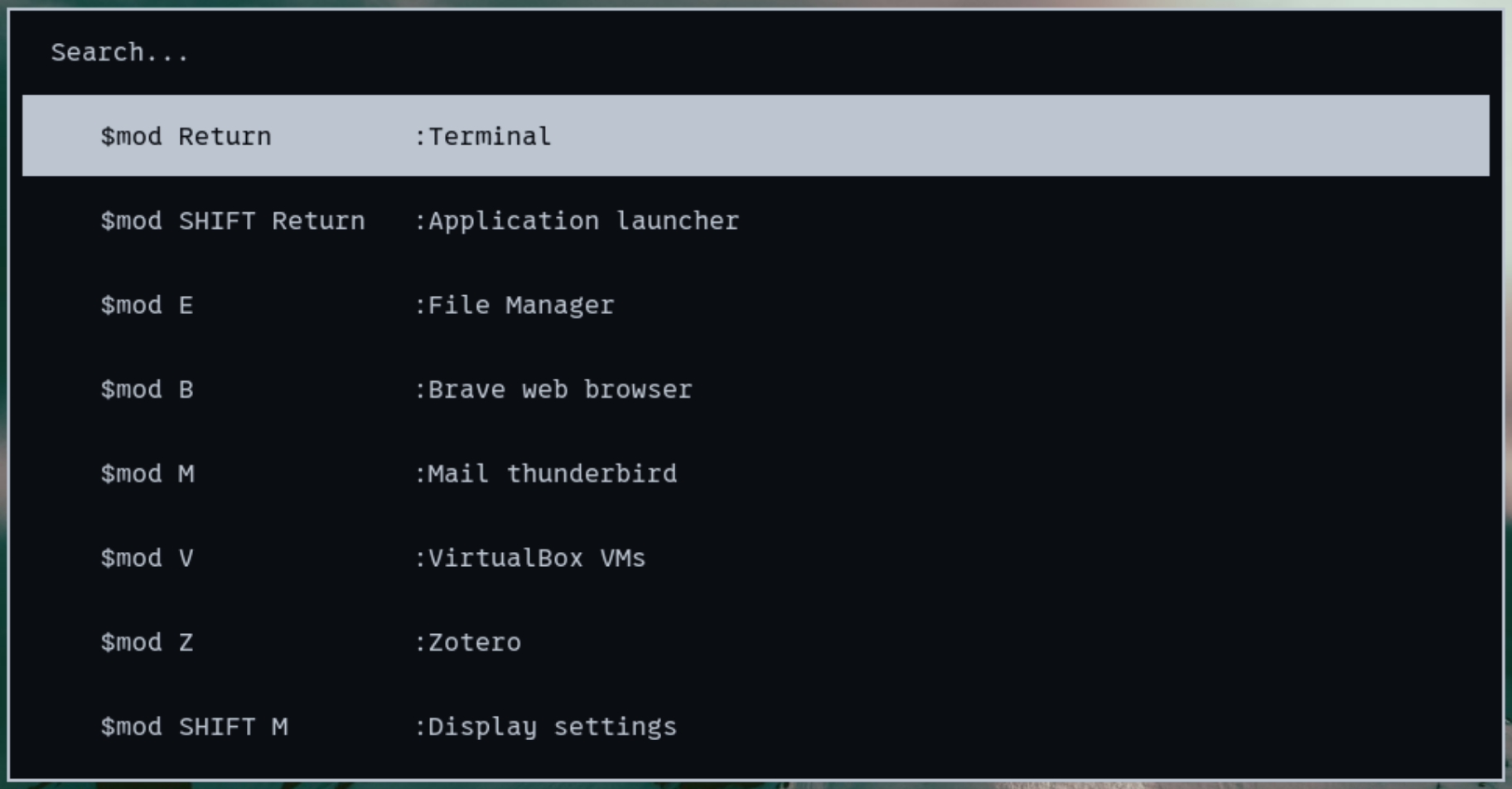 Rofi showing the formatted shortcut table